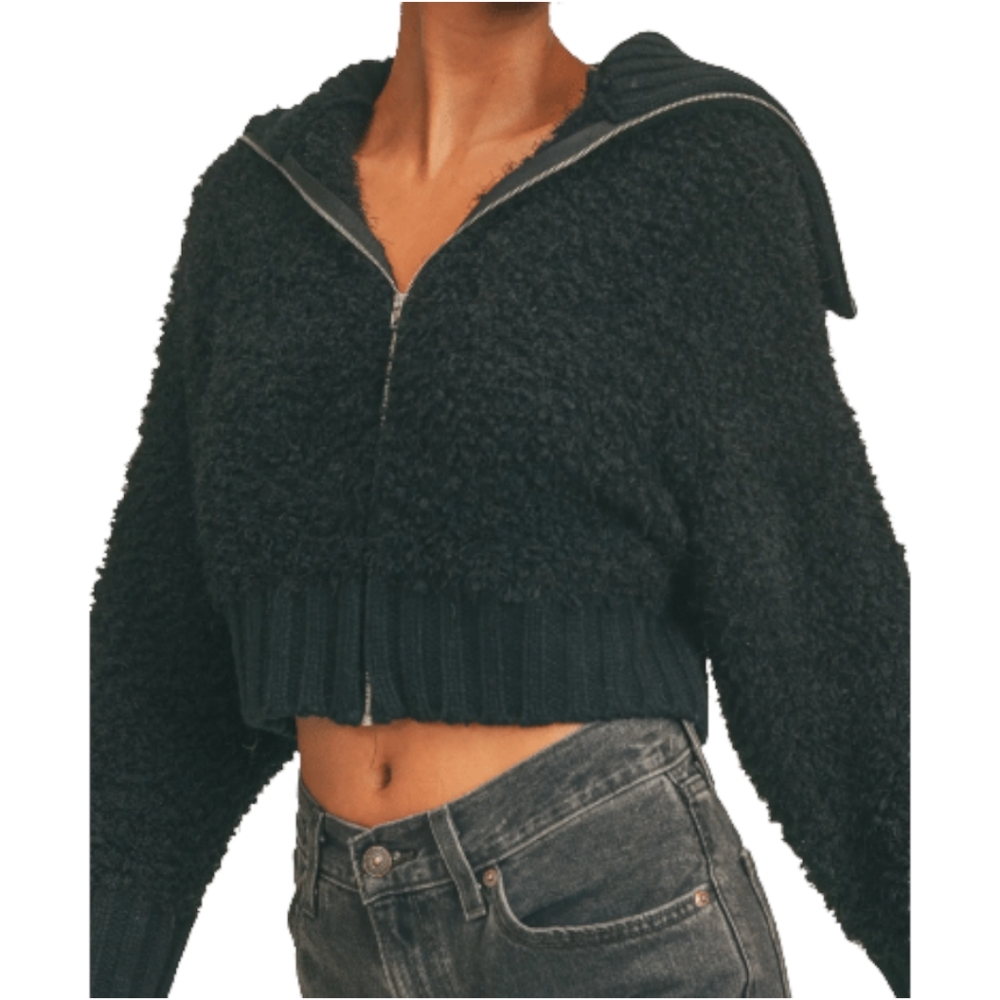 Sage The Label Hillary Black Crop Chunky Zip Up Sweater Cape Collar Size Large - Picture 2 of 16